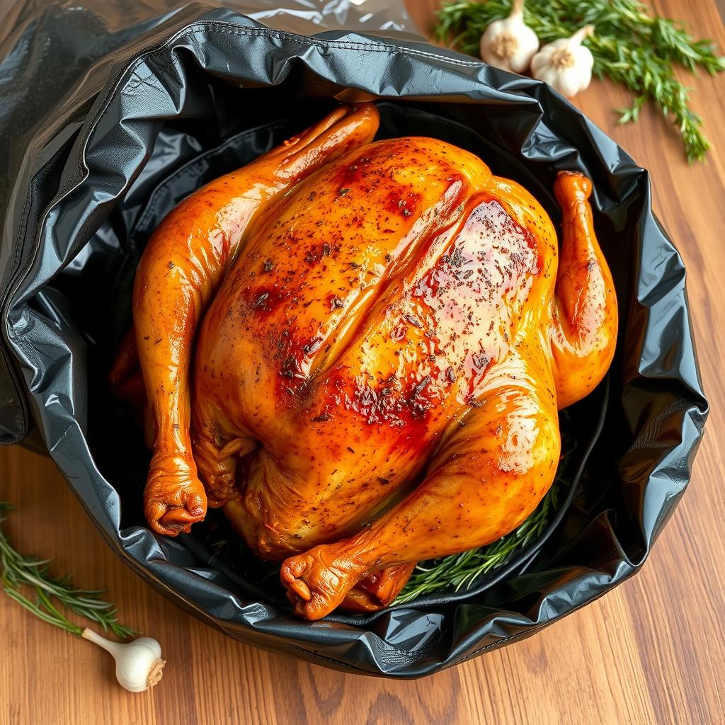 A whole roasted chicken placed carefully inside a grill bag, glistening with golden brown skin, surrounded by herbs and spices