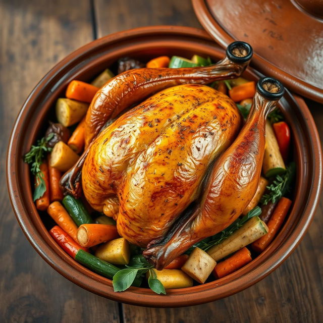 A beautifully roasted whole chicken served in a traditional clay tagine, surrounded by a colorful array of vegetables like carrots, zucchini, and bell peppers, all glistening with spices and herbs