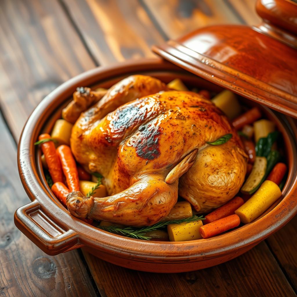 A beautifully roasted whole chicken served in a traditional clay tagine, surrounded by a colorful array of vegetables like carrots, zucchini, and bell peppers, all glistening with spices and herbs