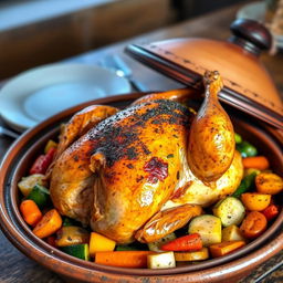 A beautifully roasted whole chicken served in a traditional clay tagine, surrounded by a colorful array of vegetables like carrots, zucchini, and bell peppers, all glistening with spices and herbs