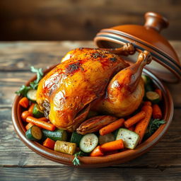 A beautifully roasted whole chicken served in a traditional clay tagine, surrounded by a colorful array of vegetables like carrots, zucchini, and bell peppers, all glistening with spices and herbs
