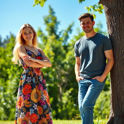 A vibrant outdoor scene featuring two individuals on the right side of the composition