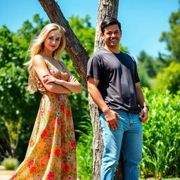 A vibrant outdoor scene featuring two individuals on the right side of the composition