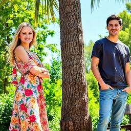 A vibrant outdoor scene featuring two individuals on the right side of the composition