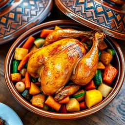 A whole roasted chicken served in a traditional Moroccan tagine, surrounded by colorful, vibrant vegetables such as carrots, bell peppers, zucchini, and potatoes, all beautifully arranged