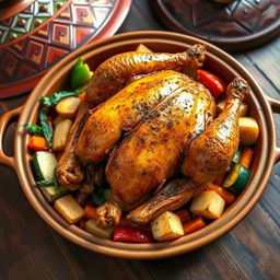 A whole roasted chicken served in a traditional Moroccan tagine, surrounded by colorful, vibrant vegetables such as carrots, bell peppers, zucchini, and potatoes, all beautifully arranged