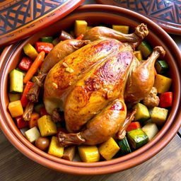 A whole roasted chicken served in a traditional Moroccan tagine, surrounded by colorful, vibrant vegetables such as carrots, bell peppers, zucchini, and potatoes, all beautifully arranged