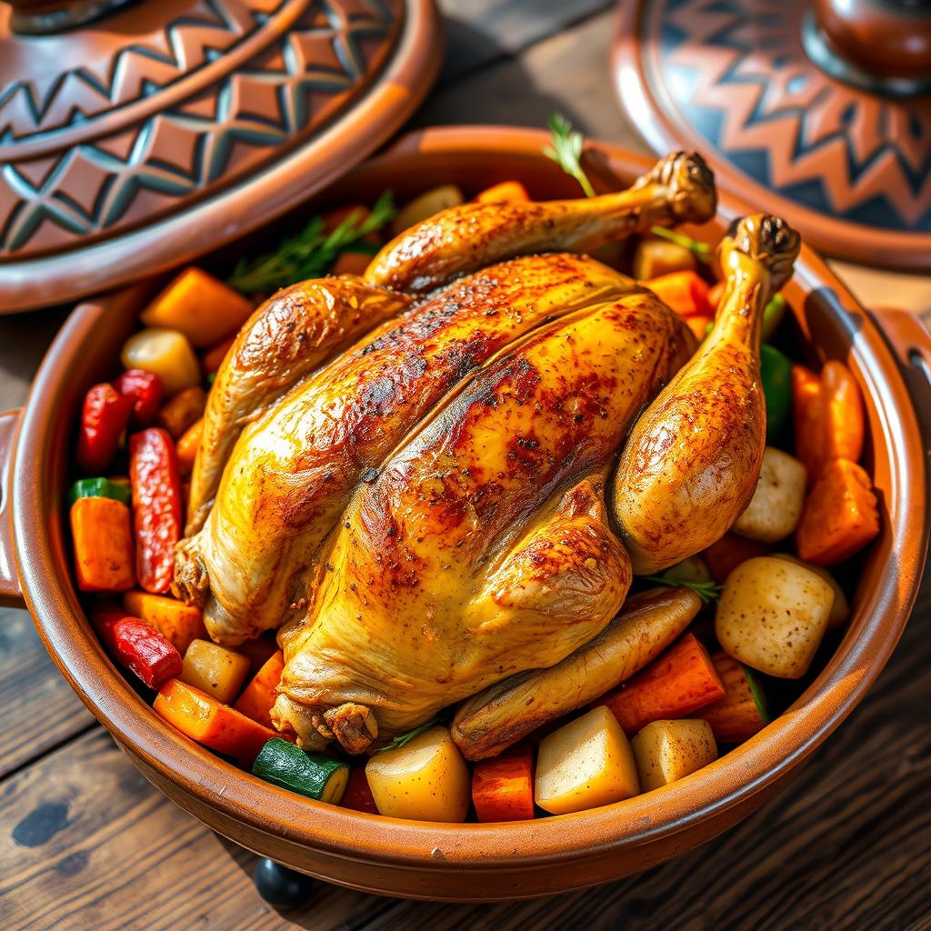 A whole roasted chicken served in a traditional Moroccan tagine, surrounded by colorful, vibrant vegetables such as carrots, bell peppers, zucchini, and potatoes, all beautifully arranged