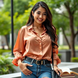 A beautiful Indonesian university student with very large breasts, exuding confidence and charm