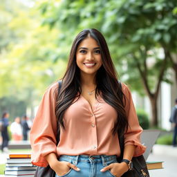 A beautiful Indonesian university student with very large breasts, exuding confidence and charm