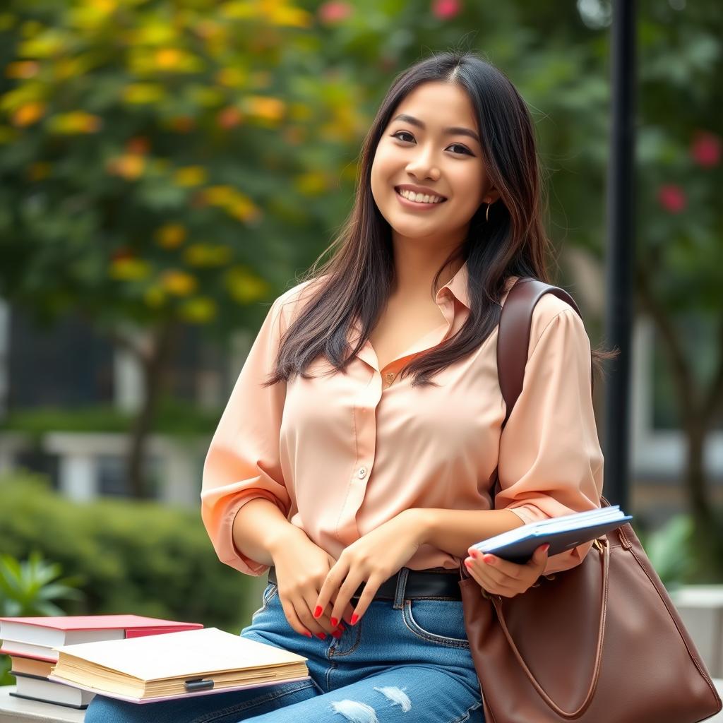 A beautiful Indonesian university student with very large breasts, exuding confidence and charm