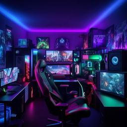 A stylish gaming room filled with RGB lighting, state-of-the-art gaming PCs, a spacious gaming desk, comfortable chair, multiple monitors, gaming consoles, VR headset and gaming posters on the walls.