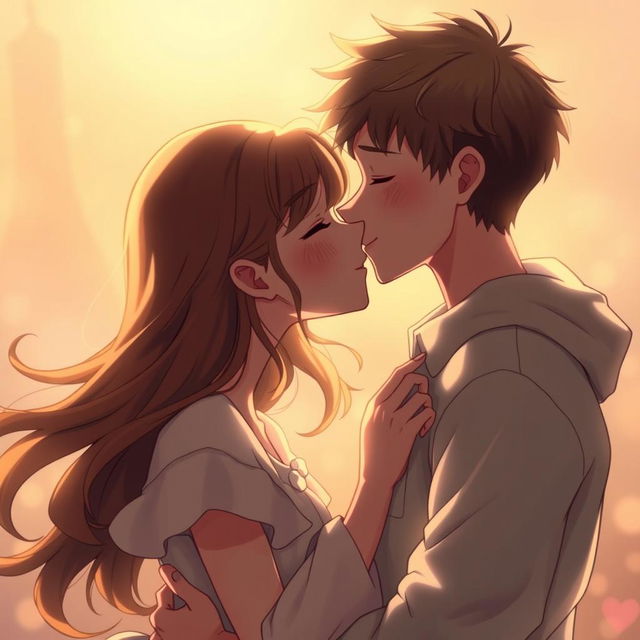 A romantic scene showcasing a tender kiss between a boy and a girl, with soft, warm lighting that creates an intimate atmosphere