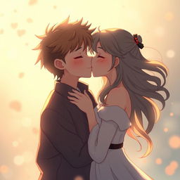 A romantic scene showcasing a tender kiss between a boy and a girl, with soft, warm lighting that creates an intimate atmosphere