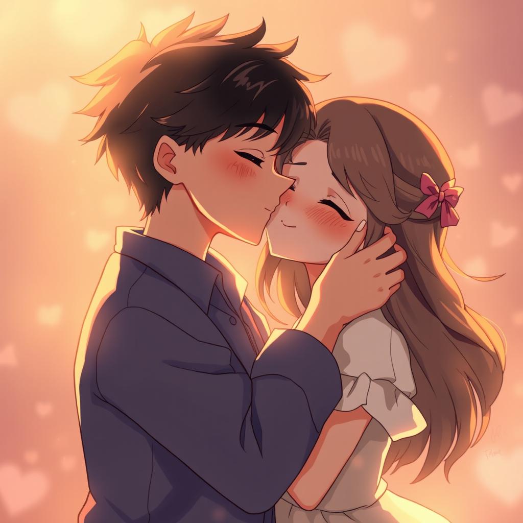 A romantic scene showcasing a tender kiss between a boy and a girl, with soft, warm lighting that creates an intimate atmosphere