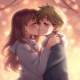 A romantic scene showcasing a tender kiss between a boy and a girl, with soft, warm lighting that creates an intimate atmosphere