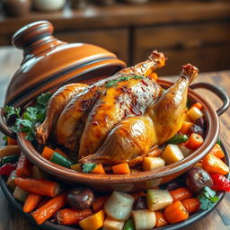 A beautifully presented roasted whole chicken in a traditional clay tagine, surrounded by a colorful array of fresh vegetables such as carrots, bell peppers, zucchini, and onions, all glazed with aromatic spices
