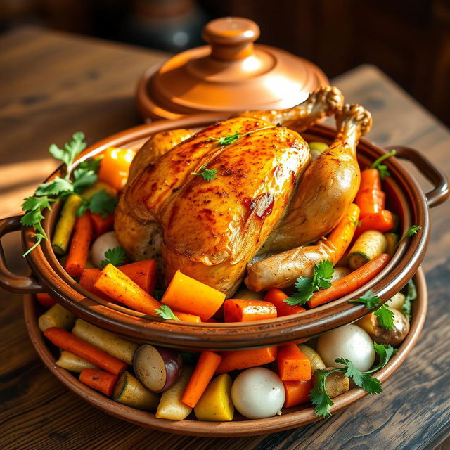 A beautifully presented roasted whole chicken in a traditional clay tagine, surrounded by a colorful array of fresh vegetables such as carrots, bell peppers, zucchini, and onions, all glazed with aromatic spices