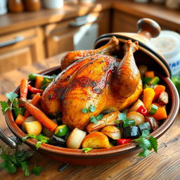 A beautifully presented roasted whole chicken in a traditional clay tagine, surrounded by a colorful array of fresh vegetables such as carrots, bell peppers, zucchini, and onions, all glazed with aromatic spices