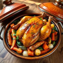 A beautifully presented roasted whole chicken in a traditional clay tagine, surrounded by a colorful array of fresh vegetables such as carrots, bell peppers, zucchini, and onions, all glazed with aromatic spices