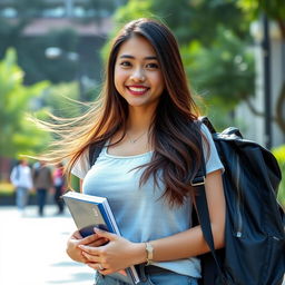 A stunningly beautiful Indonesian university student with very large breasts, radiating confidence and charm