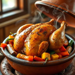 A beautifully arranged whole chicken inside a traditional clay tagine, surrounded by a colorful assortment of vegetables like carrots, bell peppers, and zucchini