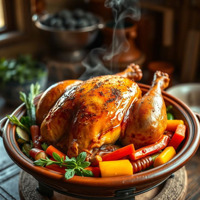 A beautifully arranged whole chicken inside a traditional clay tagine, surrounded by a colorful assortment of vegetables like carrots, bell peppers, and zucchini