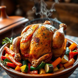 A beautifully arranged whole chicken inside a traditional clay tagine, surrounded by a colorful assortment of vegetables like carrots, bell peppers, and zucchini