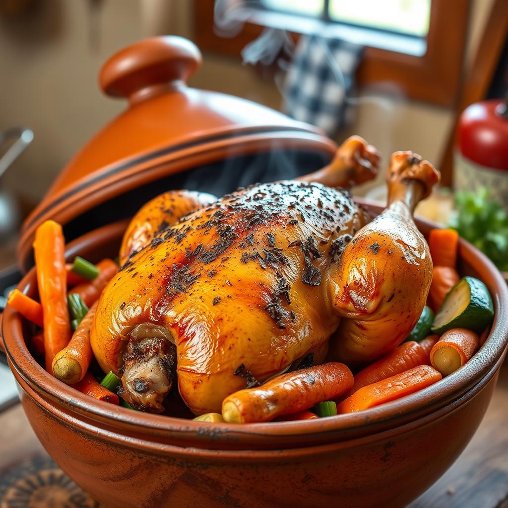 A beautifully arranged whole chicken inside a traditional clay tagine, surrounded by a colorful assortment of vegetables like carrots, bell peppers, and zucchini