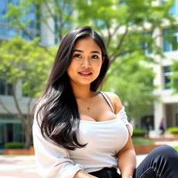 A beautiful Indonesian university student with large breasts, sitting in a vibrant campus setting