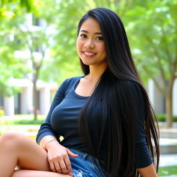 A beautiful Indonesian university student with large breasts, sitting in a vibrant campus setting