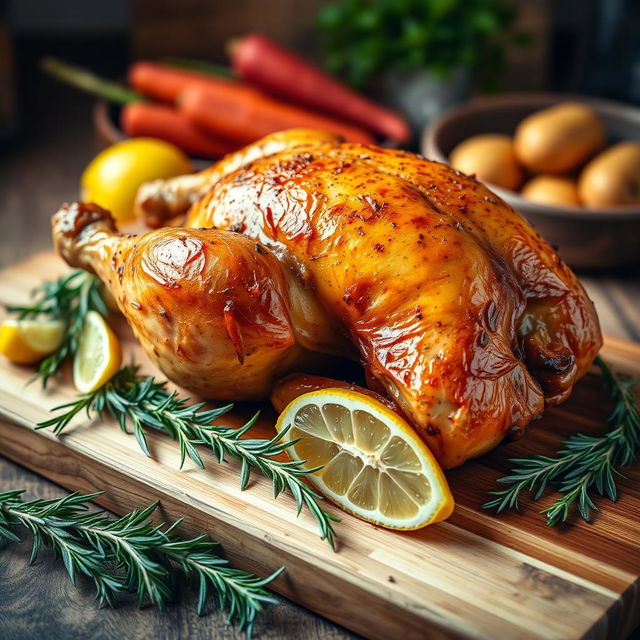 A beautifully roasted chicken on a wooden cutting board, surrounded by fresh herbs like rosemary and thyme