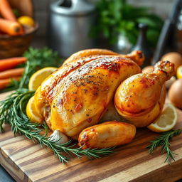 A beautifully roasted chicken on a wooden cutting board, surrounded by fresh herbs like rosemary and thyme