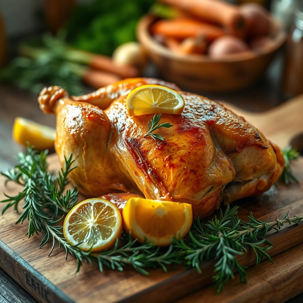 A beautifully roasted chicken on a wooden cutting board, surrounded by fresh herbs like rosemary and thyme