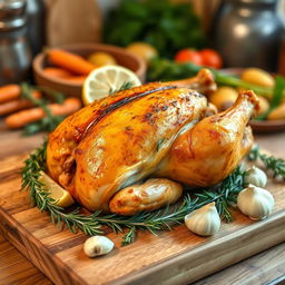 A beautifully roasted chicken on a wooden cutting board, surrounded by fresh herbs like rosemary and thyme