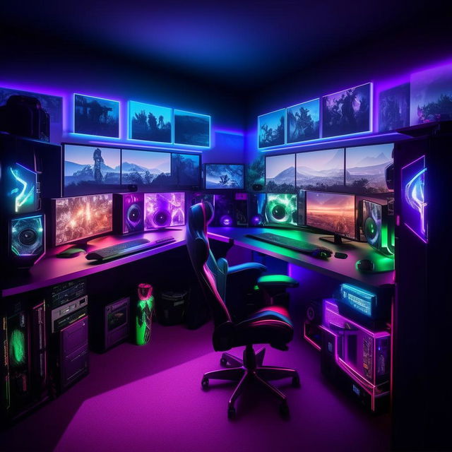 A stylish gaming room filled with RGB lighting, state-of-the-art gaming PCs, a spacious gaming desk, comfortable chair, multiple monitors, gaming consoles, VR headset and gaming posters on the walls.