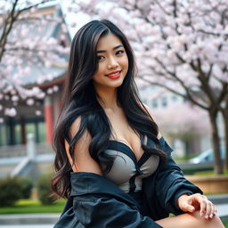 A beautiful Chinese university student with large breasts, sitting elegantly in a scenic campus environment