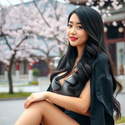 A beautiful Chinese university student with large breasts, sitting elegantly in a scenic campus environment