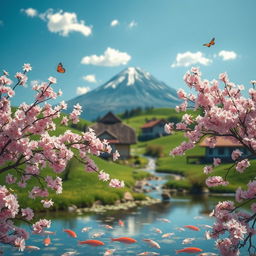 A serene Japanese landscape showcasing a traditional countryside scene