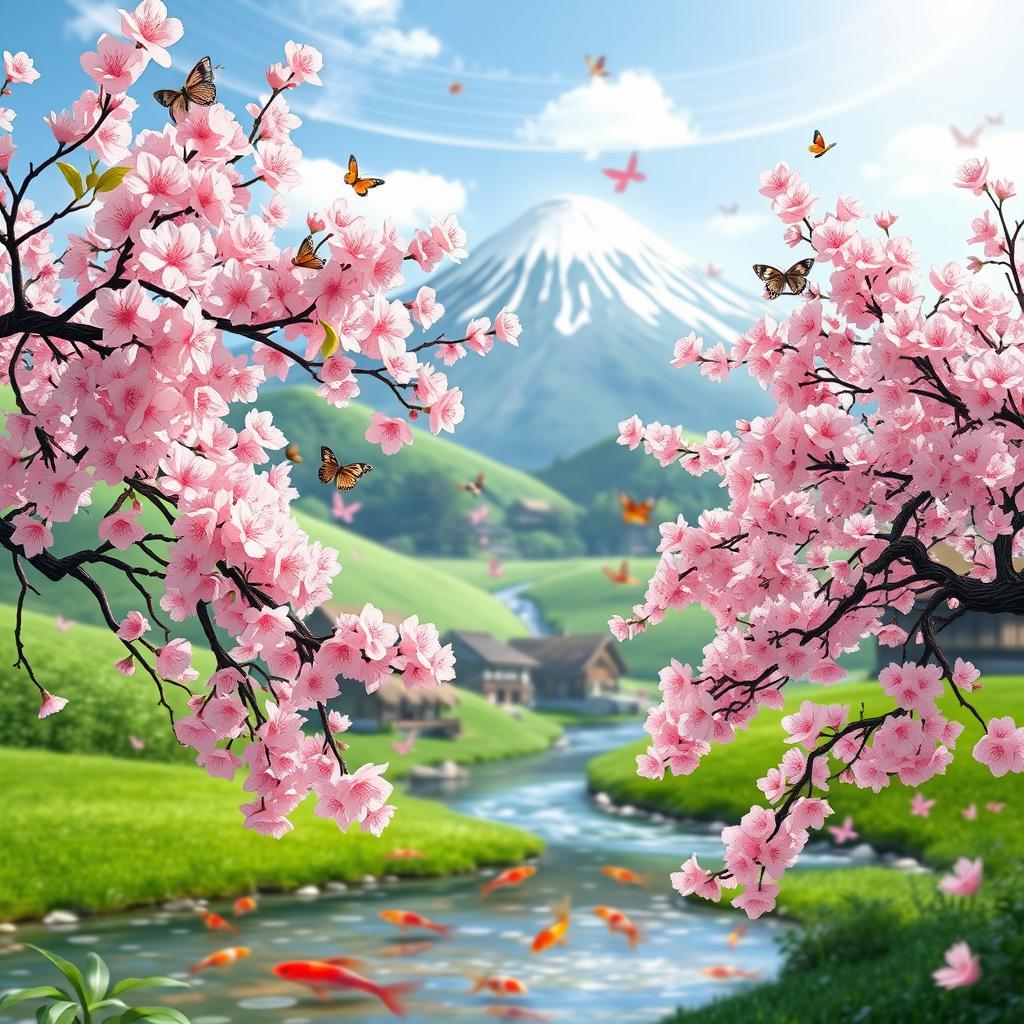 A serene Japanese landscape showcasing a traditional countryside scene