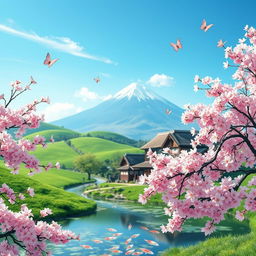 A serene Japanese landscape showcasing a traditional countryside scene