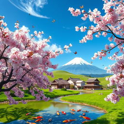 A serene Japanese landscape showcasing a traditional countryside scene