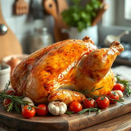 A realistic whole roasted chicken with juicy thighs and crispy wings, perfectly golden brown and glistening with herbs