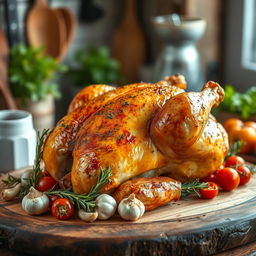 A realistic whole roasted chicken with juicy thighs and crispy wings, perfectly golden brown and glistening with herbs