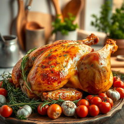 A realistic whole roasted chicken with juicy thighs and crispy wings, perfectly golden brown and glistening with herbs