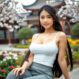 A stunning Chinese university student with large breasts seated in a beautiful university garden