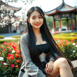 A stunning Chinese university student with large breasts seated in a beautiful university garden