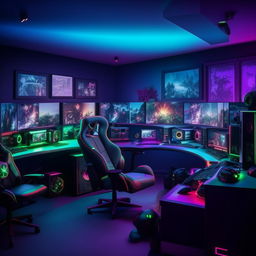 A stylish gaming room filled with RGB lighting, state-of-the-art gaming PCs, a spacious gaming desk, comfortable chair, multiple monitors, gaming consoles, VR headset and gaming posters on the walls.