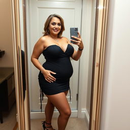 A portrait of a high class Arab woman, aged 53, with white skin and a busty body, elegantly dressed in a mini tight short dress