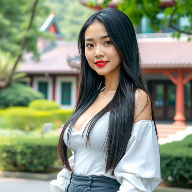 A beautiful Taiwanese university student with large breasts, posed gracefully in a picturesque campus environment